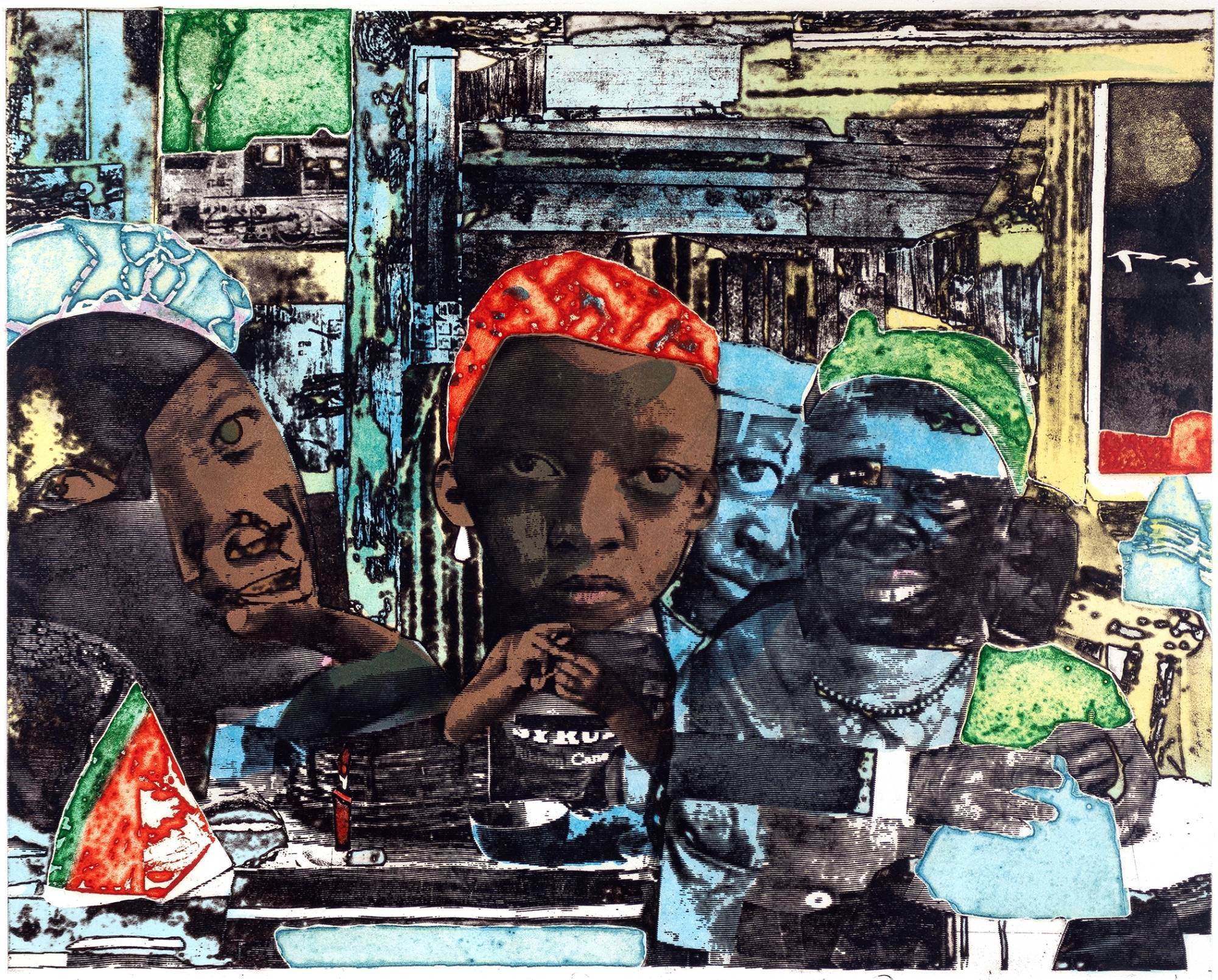 Collage like print with multiple faces.